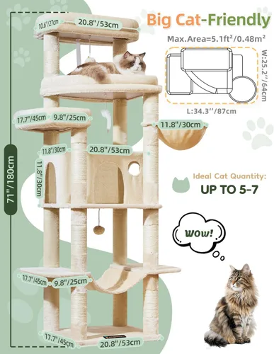 Vista 2 de Taoqimiao - Árbol para gatos de 71 pulgadas para gatos grandes de 20 libras +, 3 perchas gigantes, torre de árbol para gatos de varios niveles