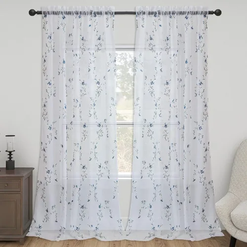 Vista 14 de Taisier Home Cortinas Traslúcidas Blancas Florales con Estampado de Flores y Bordado de Enredaderas para Dormitorio, Cortina con Bolsillo