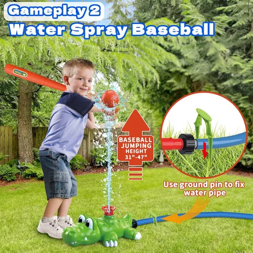 Vista 3 de Intoypad Juego de aspersores de agua 4 en 1 para niños y juguete de bola de agua, rociador de béisbol de cocodrilo para patio trasero, juguetes