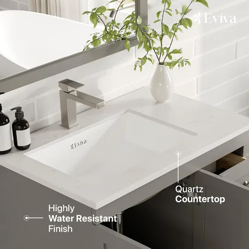 Vista 5 de Eviva Happy - Tocador de baño gris de 30 pulgadas con tapa de cuarzo Carrara y fregadero de porcelana