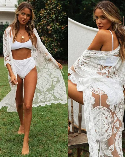 Vista 6 de JDiction Traje de baño para mujer, kimono, vestido largo de playa, con encaje floral, bikini