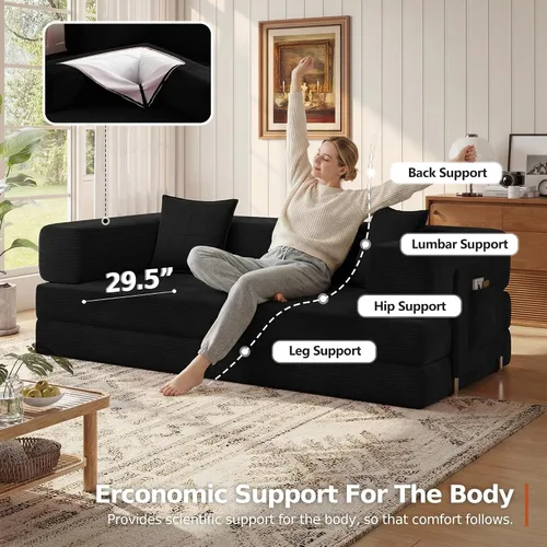 Vista 7 de MoonSpeak Sofá cama de 78.8 pulgadas para sala de estar, sofá modular convertible con almohada para reposabrazos, sofás modulares plegables de pana