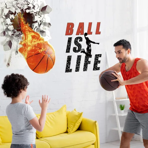Vista 2 de Gersoniel Decoración de pared de baloncesto de 18 x 38 pulgadas, autoadhesiva, removible, 3D, calcomanías de pared de baloncesto para niños