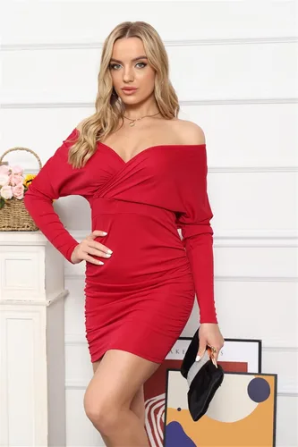Vista 4 de C.AMOUR Vestido midi de manga larga con cuello en V para mujer, con hombros descubiertos, sexy, fruncido, entallado, para graduación, club, fiesta