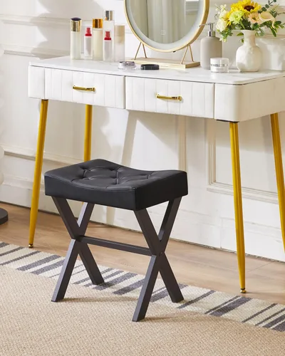 Vista 4 de IBUYKE Taburete de tocador de PU en forma de U, silla cuadrada de maquillaje con patas en X, taburete reposapiés otomano, multiusos como mesa Negro