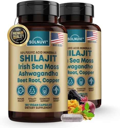Vista 8 de Shilajit Cápsulas orgánicas puras del Himalaya con musgo marino irlandés, Ashwagandha, cobre, raíz de remolacha, suplemento de minerales de ácido