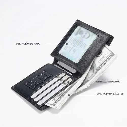 Vista 3 de Billetera de piel triple con bloqueo RFID para hombre con 2 ventanas de identificación, 2 compartimentos para efectivo, 6-8 ranuras para tarjetas