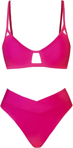 Vista 4 de CUPSHE Conjunto de bikini para mujer, traje de baño de dos piezas, cintura alta, cuello redondo, corte en V