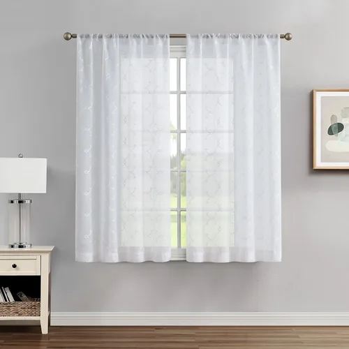 Vista 20 de Creative Home Ideas Cortinas transparentes (2 paneles, 38 x 63 pulgadas, azul), paneles de cortina geométricos bordados con alzapaños, cortinas