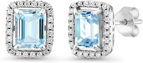 Vista 17 de Gem Stone King Aretes de plata de ley 925 con piedra natal Corte esmeralda de 0.315 x 0.236 in Aretes de halo para mujer
