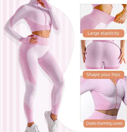 Vista 4 de Conjunto de 3 piezas de trajes de entrenamiento sin costuras para mujer, leggings deportivos de yoga y brasier deportivo elástico para fitness