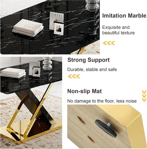 Vista 3 de Juego de Mesa de Comedor de Mármol para 4, Mesa Rectangular Negra de 63 Pulgadas con Marco de Metal Dorado en Forma de X y 4 Sillas de Comedor
