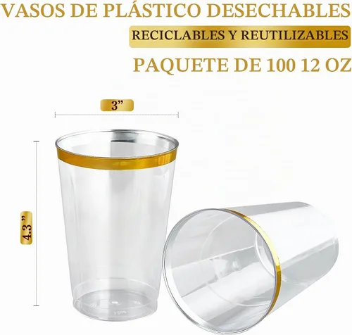 Vista 7 de FOCUSLINE Paquete de 100 vasos de plástico de 12 onzas con borde dorado, vasos transparentes de 12 onzas, vasos duros desechables elegantes
