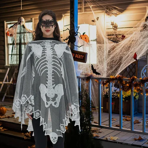 Vista 3 de Disfraz de esqueleto de Halloween para mujer, con capa de esqueleto, incluye máscara de mascarada para Halloween
