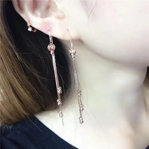 Vista 6 de SAGEKING 2024 New 585 Purple Gold Plated 14K Rose Gold New Double Round Bead Soft Chain Tassel Long Drop Earrings For Women Luxury Classic Jewelry
