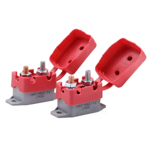 Vista 12 de Disyuntor de reinicio automático de 12V 24V con perno prisionero y cubierta 5A 10A 15A 20A 25A 30A 40A 50A Amp Kit surtido de interruptores