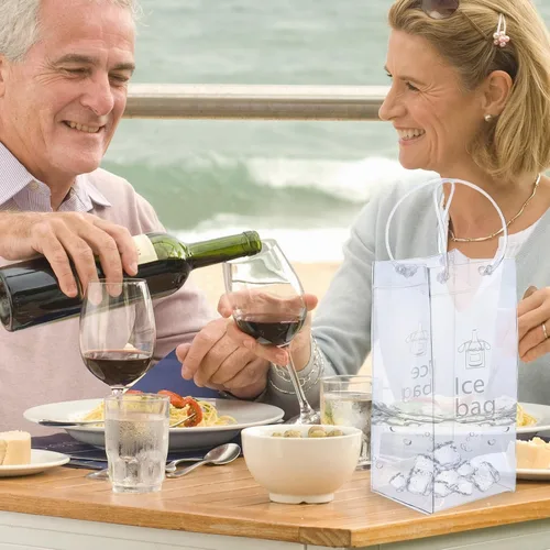 Vista 5 de Paquete de 3 bolsas portátiles para vino helado, bolsa plegable de PVC transparente, bolsa enfriadora de vino, bolsa fría de vino con asa