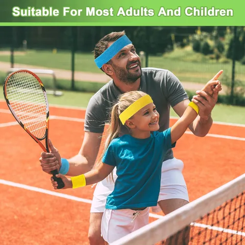 Vista 6 de El juego de 60 bandas para el sudor incluye 20 diademas deportivas y 40 muñequeras, pulseras de tela de rizo coloridas para entrenamiento, tenis
