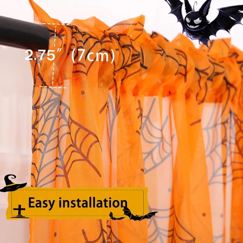 Vista 4 de Cortinas de Halloween para sala de estar, cortinas traslúcidas naranjas de 84 pulgadas de largo, 2 paneles de decoración de Halloween para el hogar