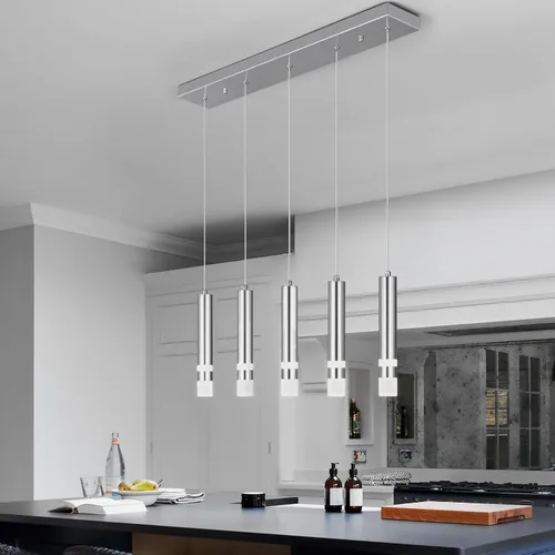 Vista 6 de Lámpara colgante moderna para comedor de 5 luces, accesorio de cocina regulable LED cromado mini iluminación colgante para isla de cocina, luces