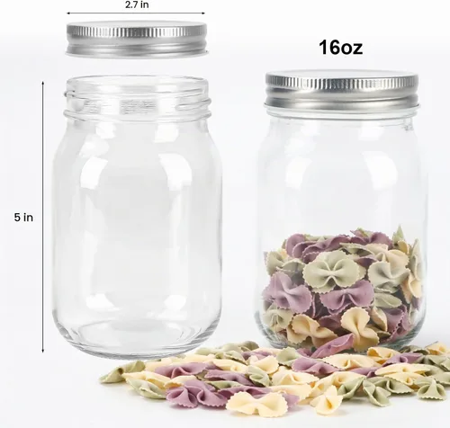 Vista 2 de HOXHA Paquete de 2 tarros de vidrio de boca regular Mason, tarros de vidrio transparente de 16 oz con tapas para sellar, tarros de conservas