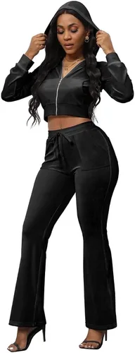 Vista 3 de PINSV Conjunto de 2 piezas de terciopelo para mujer, sudadera con capucha y cremallera para correr, conjunto de entrenamiento