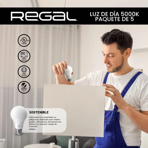 Vista 4 de REGAL - Bombilla LED A19 (800 lúmenes, 9 W, equivalente a 60 W, base E26, intensidad no regulable)