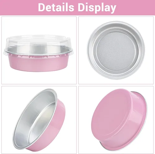 Vista 4 de Suice Mini moldes para tartas con tapas, 100 tazas desechables de aluminio para hornear cupcakes con tapa, 8 onzas de color rosa claro con tapas
