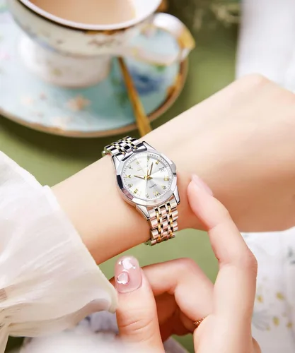 Vista 3 de OLEVS Reloj de pulsera para mujer, de acero inoxidable, de dos tonos, de acero inoxidable, analógico, de cuarzo, para mujer