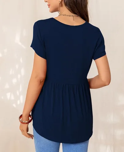 Vista 3 de YOGOLAI Blusas casuales de gasa para mujer, manga acampanada, cuello en V, plisadas, holgadas