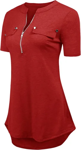 Vista 2 de Camisa LuckyMore de manga corta, con cierre zipper, de oficina, de trabajo, informal, suelta, para mujer