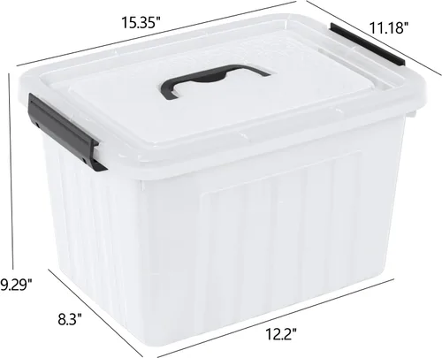 Vista 2 de Caja de almacenamiento transparente de 22 L con asas, contenedor de plástico con tapa de cierre, paquete de 4