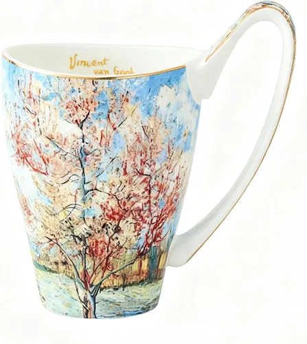 Vista 8 de Taza de café de porcelana de hueso YBK Tech, taza grande de 16oz de té - Diseño inspirado en las pinturas de Van Gogh (flor de albaricoque)