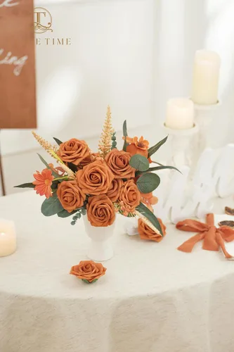 Vista 8 de TINGE TIME Flores de color naranja quemado, 25 flores artificiales para decoraciones, rosas de espuma falsas a granel con arreglos florales, ramos