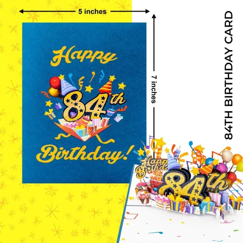 Vista 7 de iGifts And Cards Tarjeta desplegable 3D de feliz cumpleaños 84 – Diseño azul con números de purpurina, globos, pasteles y regalos – Tarjeta