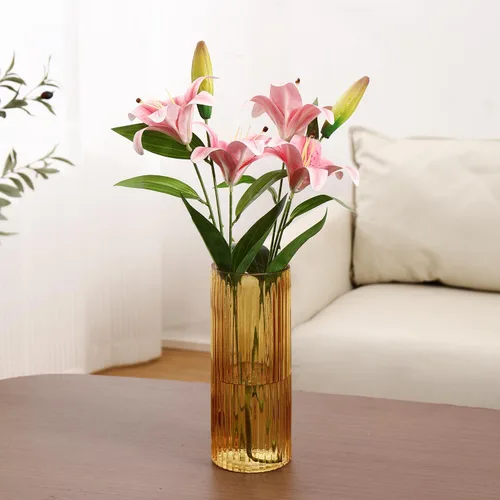 Vista 4 de Jarrón de vidrio ámbar, florero de cristal, jarrón de vidrio acanalado, moderno jarrón para flores, jarrón alto de vidrio para sala de estar, mesa