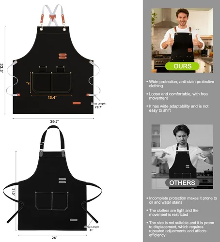 Vista 2 de GNDKDY Delantal de chef con bolsillos, delantal de trabajo negro para hombres y mujeres, delantales de cocinajardineríapeluquería para cocinar