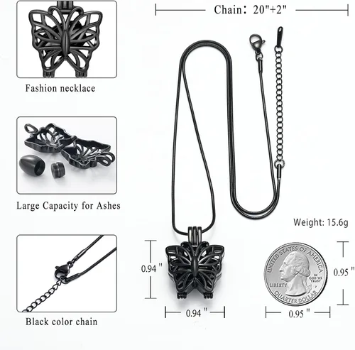 Vista 2 de Collar de urna de mariposa para cenizas, colgante de mariposa, collar de recuerdo de cremación para mujer Negro