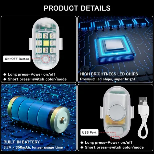 Vista 7 de SEISSO 8-Pack de luces estroboscópicas LED inalámbricas con control remoto anticolisión, carga USB, luces de advertencia de peligro, kit de luces