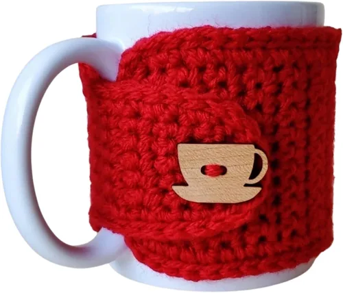 Vista 8 de Taza acogedora con taza de madera y botón de platillo (rojo y avena)