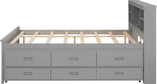 Vista 7 de VilroCaz Moderna cama de plataforma de tamaño matrimonial con cabecera de almacenamiento, base de cama de plataforma de madera maciza con nido