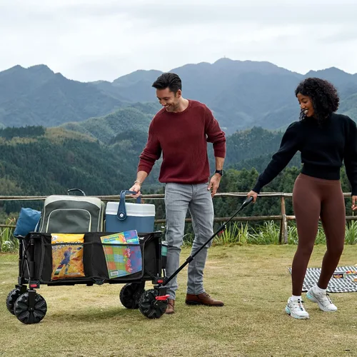 Vista 7 de Portal - Carro plegable con frenos, carrito utilitario de uso pesado con ruedas todo terreno, carritos plegables portátiles para camping, playa