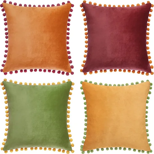 Vista 14 de MONDAY MOOSE - Juego de 2 fundas de cojín decorativas de terciopelo suave con pompones de doble cara, diseños para combinar y mezclar