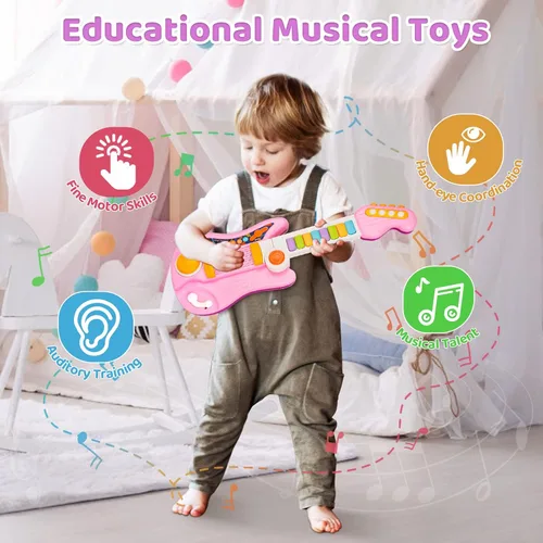 Vista 5 de Guitarra para niños 2 en 1 Instrumentos musicales para niños Piano para niños pequeños Juguete de guitarra eléctrica con correa Juguetes musicales