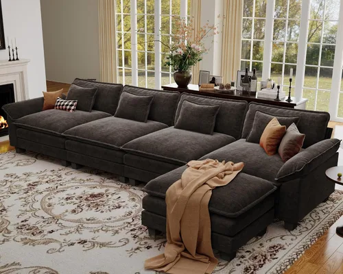 Vista 132 de Sofá modular de gran tamaño de 154 pulgadas, cómodo sofá en forma de U con 3 otomanas móviles, sofá moderno de felpilla de 7 plazas para sala