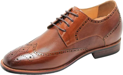 Vista 2 de CALTO Zapatos de ascensor invisibles para hombre - Cuero premium marrón con punta de ala con cordones Oxfords formales - 3 pulgadas más alto - Y10652