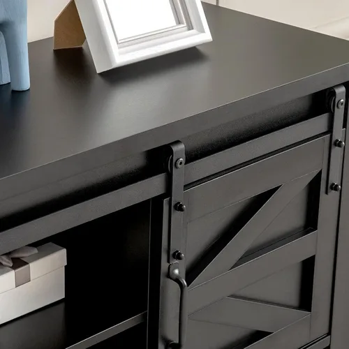 Vista 7 de Mesa de entrada con puertas correderas de granero, mesa consola de granja de 46 pulgadas con almacenamiento, mesa de sofá rústica con estante 2-Negro