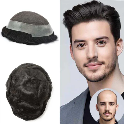 Vista 24 de Tupé de cabello humano virgen europeo para hombres, base central de encaje suave con poliuretano transparente alrededor de transpirable, sistema