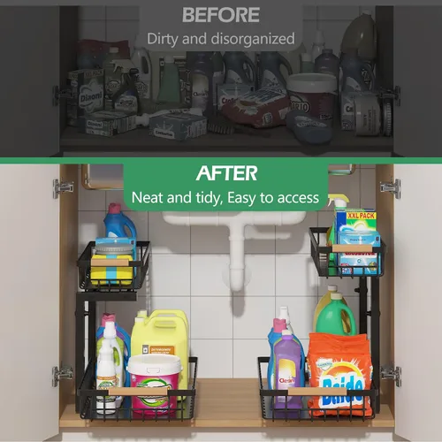 Vista 4 de ADRIMER Organizador para debajo del fregadero, 2 paquetes, organizador extraíble para fregadero de cocina, 2 niveles, organizador de cocina