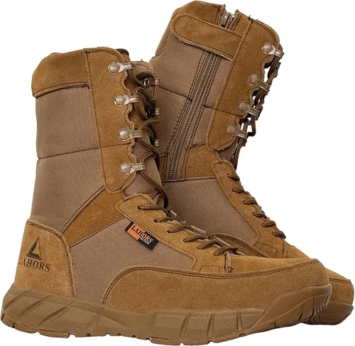 Vista 7 de Zapatos tácticos ligeros para hombre, botas de combate, botas marrones coyote, entrenamiento militar, con cordones, senderismo al aire libre